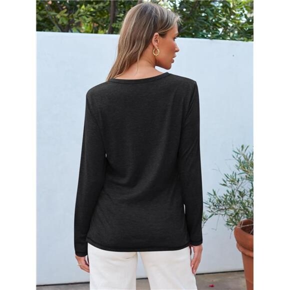 New Women's Long Sleeve Round Neck Basic Tee - Fall Outfit Tops & Clothes ,Black - Picture 4 of 7